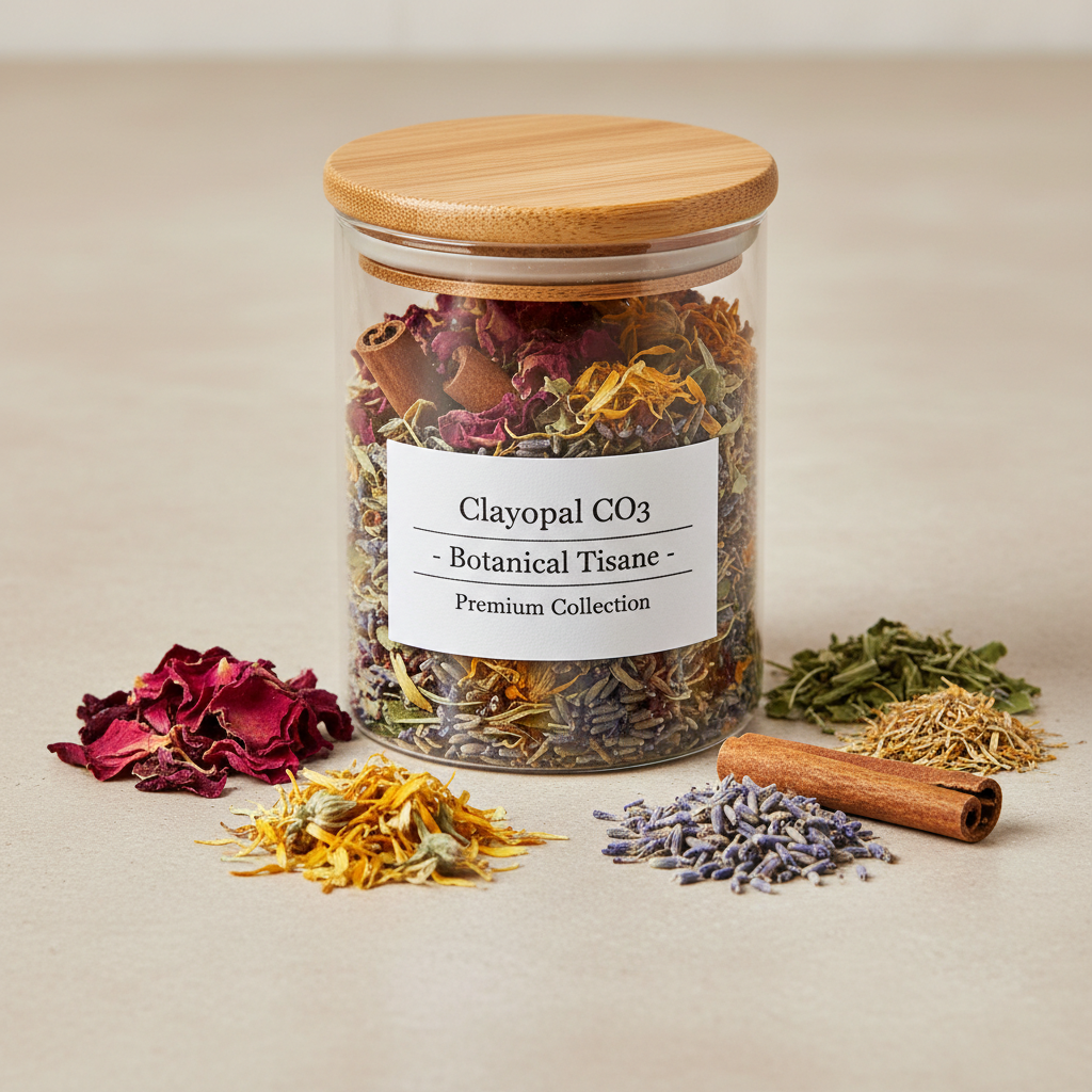 Herbal tisane tea with green herbs and natural ingredients in a warm setting