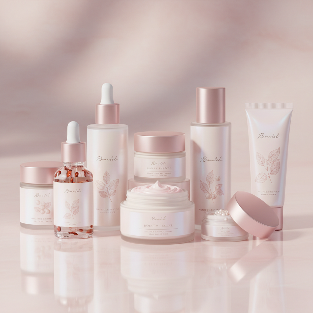 Beauty ritual with botanical cosmetic products in pearl and rose tones