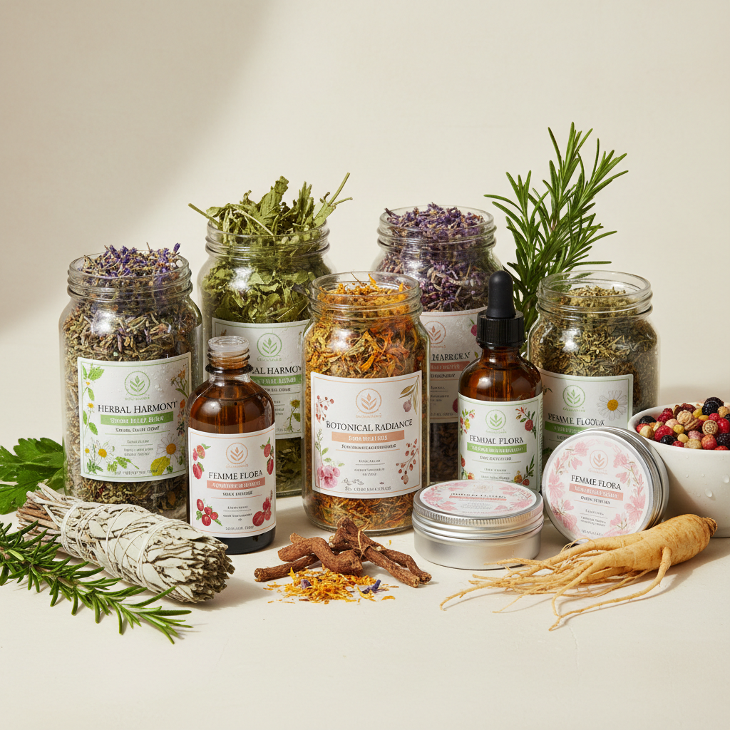 Botanical luxury background with herbs and natural elements in dark setting