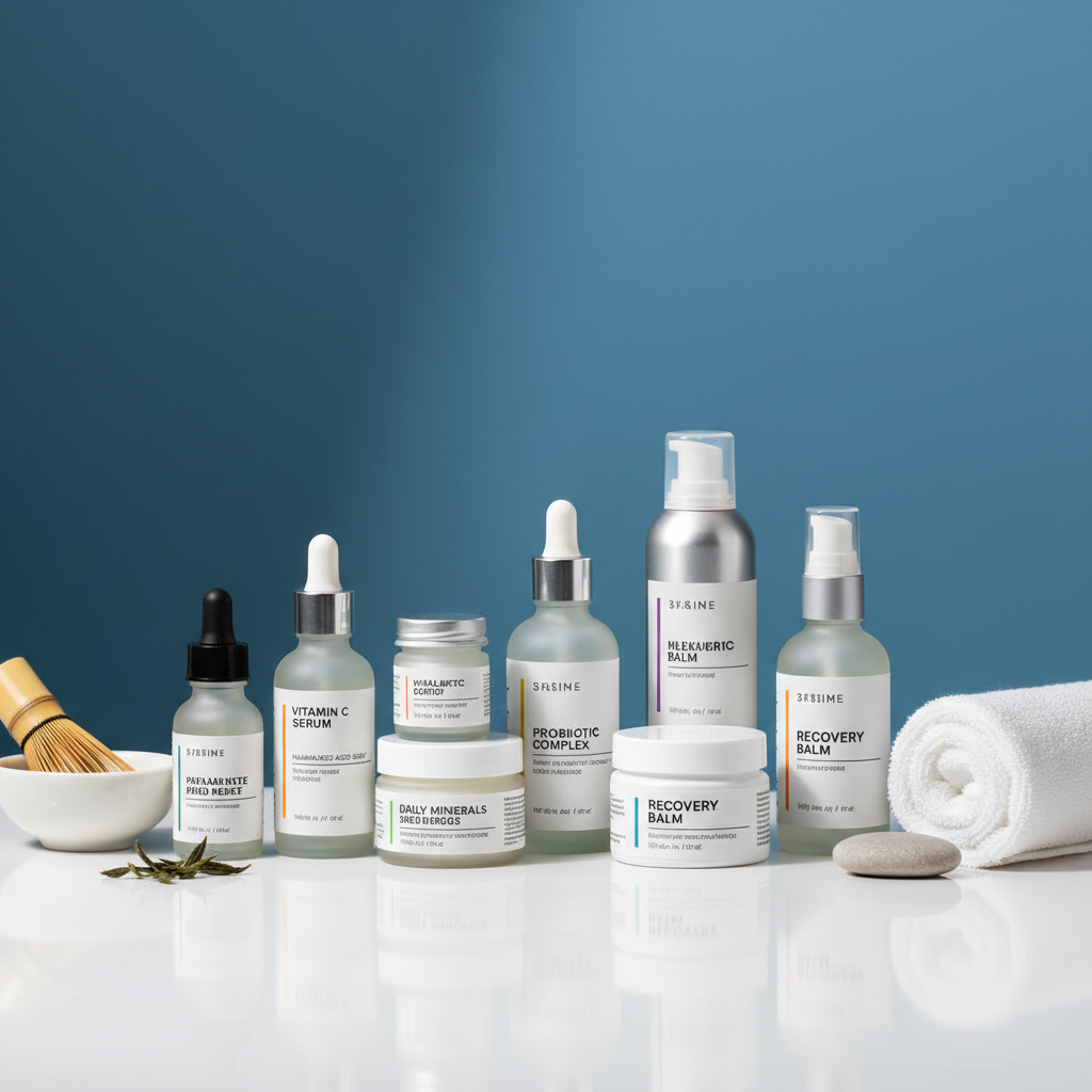 Health ritual with parapharmacie products in clinical blue environment