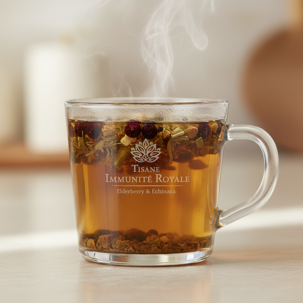 Tisane Immunité Royale with elderberry and echinacea herbs in a glass cup