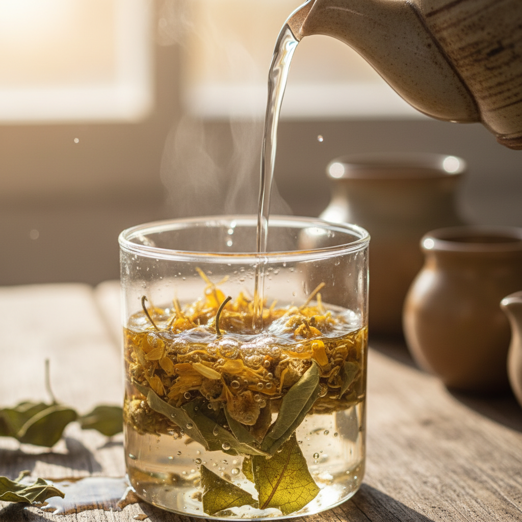 Ritual tisane preparation with hot water being poured over golden herbs